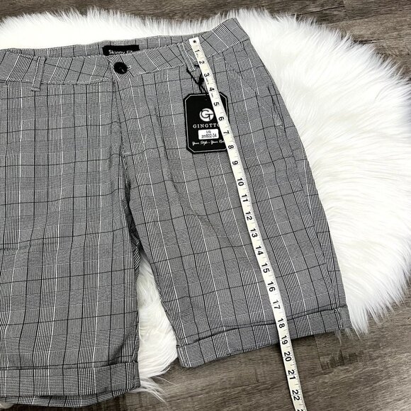 Gingtto Mens 34 Gray Plaid Skinny Chino Shorts Cuffed Stretch - Picture 9 of 12